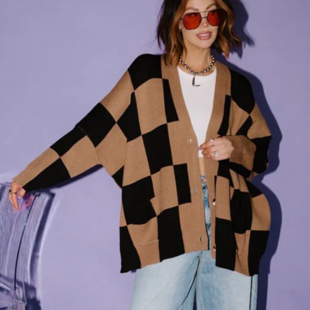Dressed in LALA Love You Oversized Checkerboard Cardigan in Mocha/Black Small